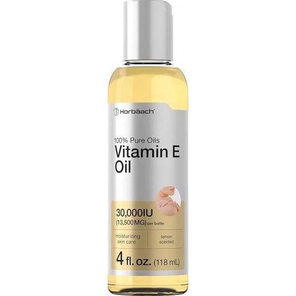 Horbäach Vitamin E Oil For Skin and Face | 30,000 IU 4 fl oz 100% Pure Oils Moisturizing Care Non-GMO, Vegetarian Lemon Scented