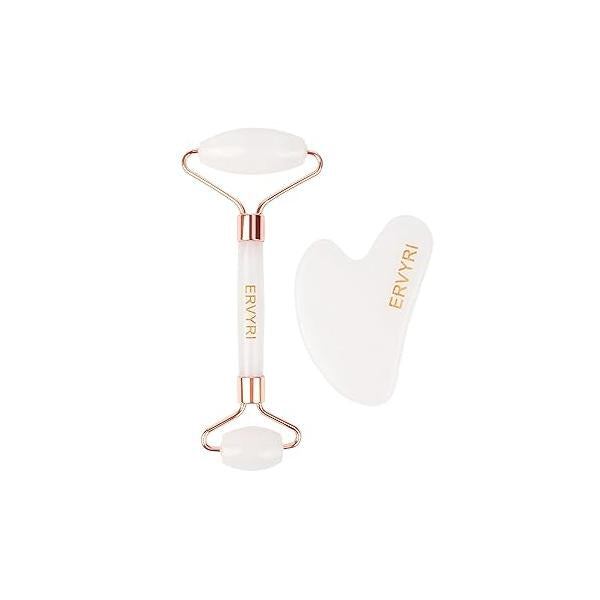 Jade Roller and Gua Sha Set - Rose Quartz Face Skin Care Facial Tools , Massager for Women, Relieve Stress, Remove Wrinkles Eye Puffiness-Pink
