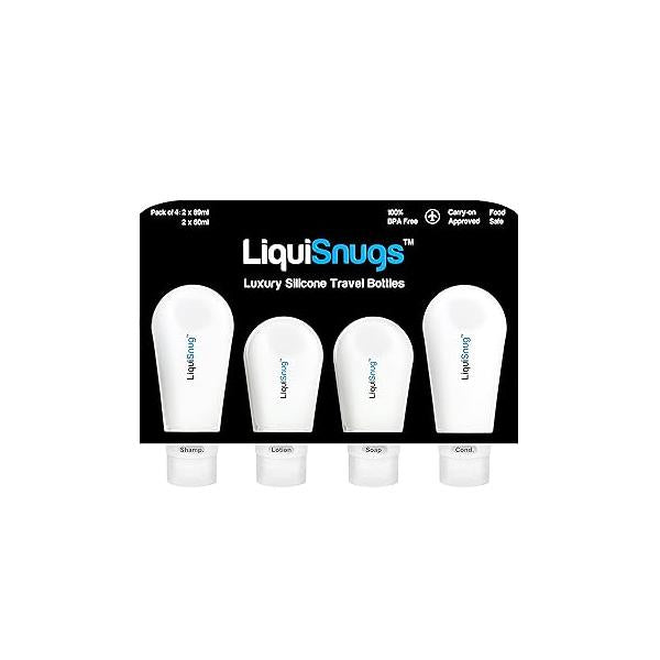 LiquiSnugs Premium - 100% Guaranteed Leak Proof Silicone Travel Bottles For Toiletries TSA Approved Container. Range Shampoo with Suction Cups and Adjustable Labels