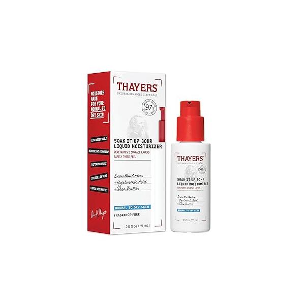 THAYERS Soak It Up 80HR Liquid Moisturizer, Face Moisturizer with Hyaluronic Acid and Snow Mushroom, Dermatologist Tested Skin Care for Normal to Dry Skin, 2.5 Oz