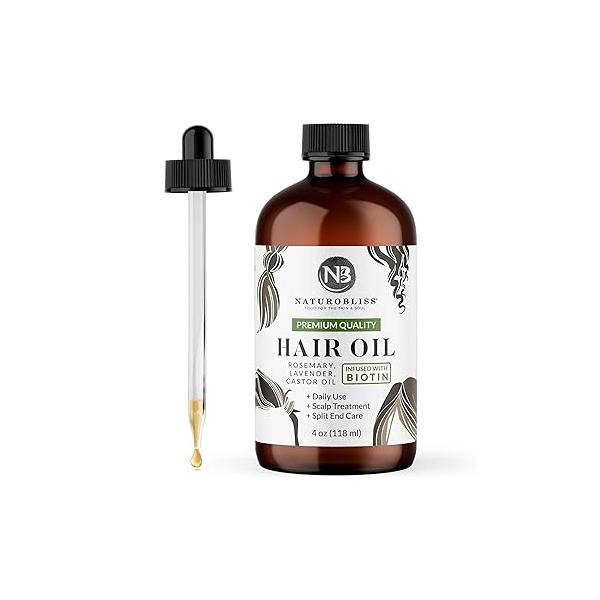 NaturoBliss Castor Rosemary Lavender Hair Oil 100% Pure and Natural-Best for Care, Eyelashes Eyebrows-Hair Body Oil-Infused with Biotin-Expeller-Pressed Hexane-Free (4 Fl Oz)