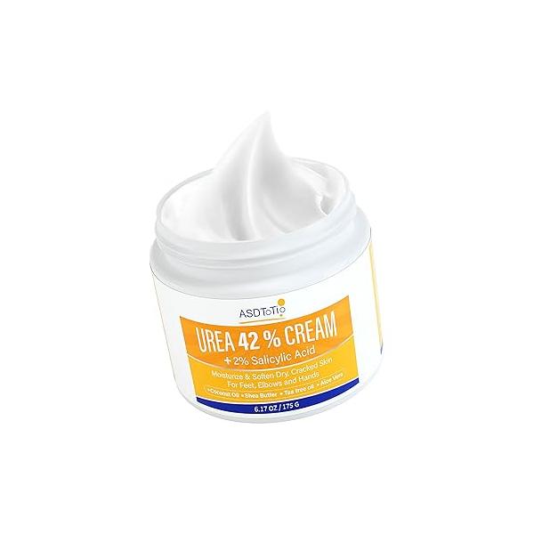 Urea Cream 42% - Foot Care for Dry Cracked Heels, Lotion With 2% Salicylic Acid, Tea Tree Oil, Shea Butter, Aloe Vera For Feet, Hands, Elbows, Knees and More 6 oz