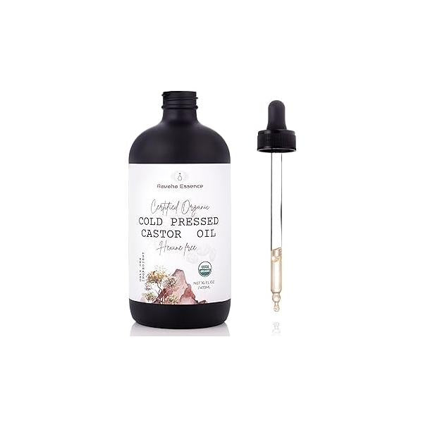 Unrefined Organic Cold Pressed Castor Oil in Glass Bottle with dropper - 100% Pure & Natural, Hair Growth Eyelashes and Eyebrows, Packs, Skin moisturizer Face, Body Hexane free 16oz