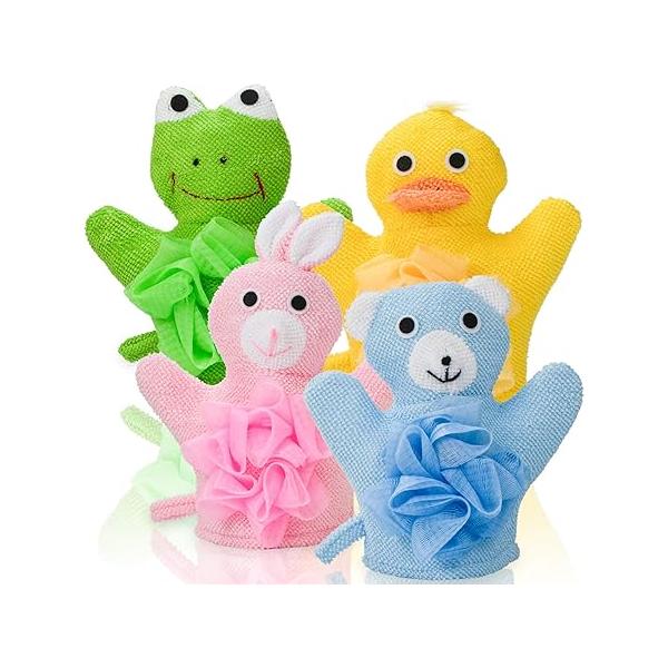 Made Easy Kit Hand Puppet Bath Wash Mitt Towel with Animal Designs Loofahs for Fun Interactive Bathing Time (Green Yellow Pink Blue)