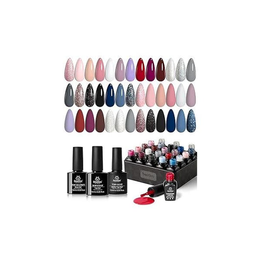 beetles Gel Polish Kit, Nude Gray Pink Blue Burgundy Glitter Set Modern Muse Collection with 3Pcs Base Matte Glossy Top Coat Soak off Uv for Women