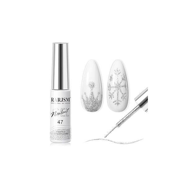 RARJSM Gel Liner Nail Art Silver Glitter Design Polish 1 Bottle 8ml Soak off UV LED Curing Requires Build in Thin Brush Striper GelPolish for Home Salon Diy Manicure Painting Decoration