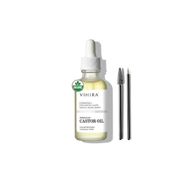 Premium Organic Castor Oil (2 Fl Oz), Cold Pressed, 100% Pure, Extra Virgin, Hexane Free, for Hair Growth, Eyelash, Eyebrow, Cuticles, Nails, Skin, Belly Button, Muscle & Wellness.