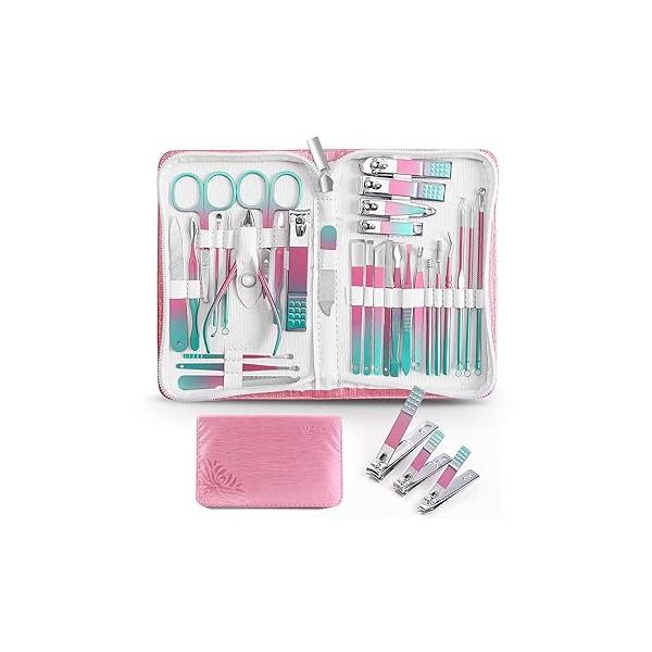 WOAMA Manicure Set Pedicure Kit - 30 in 1 Nail Professional Stainless Steel Care for Women Pink
