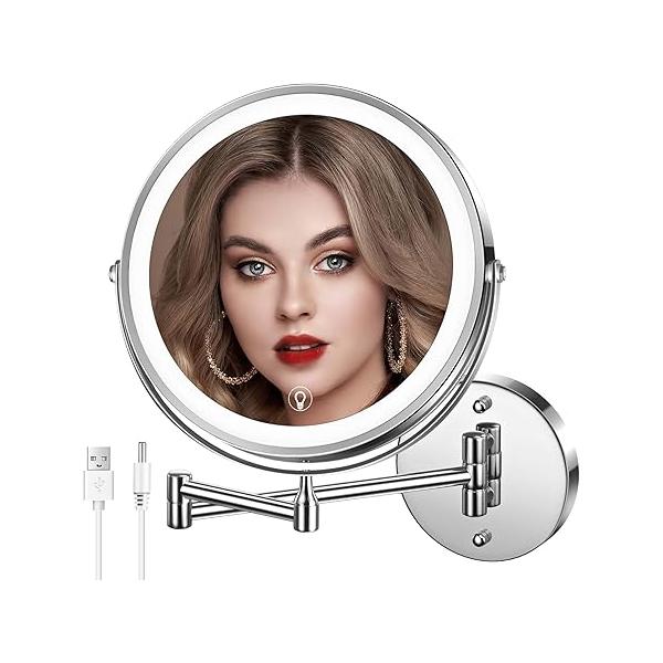 Wall Mounted Lighted Makeup Mirror, 8" Rechargeable Double-Sided Light up Magnifying Mirror 1x/10x, 3 Colors Led Vanity with Lights, Touch Dimmable 360° Rotation Foldable