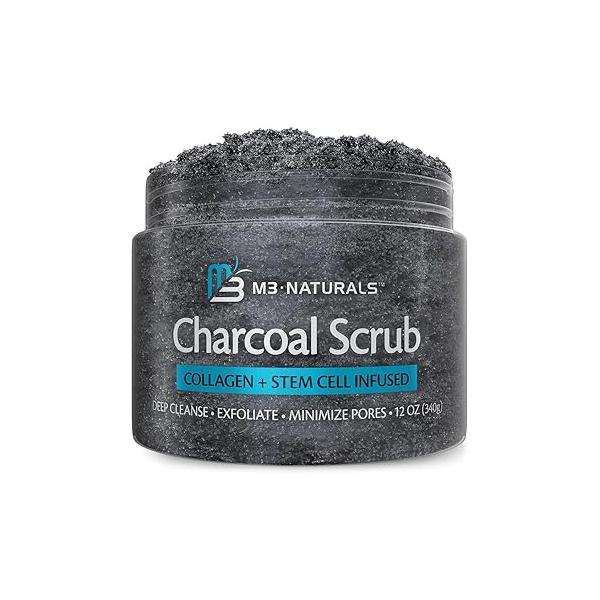 Exfoliating Charcoal Scrub with Collagen & Stem Cells - Salt for Body Toning, Cellulite, Armpit Detox, and Skin Smoothing Face, Feet, by M3 Naturals.