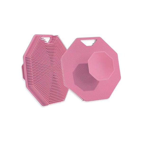 MIELIKKI Silicone Body Scrubber, Multi-Function Exfoliating Soft Shower Facial Cleansing Brush with Easy Grip Handle, Fits All Skin Types, Pink