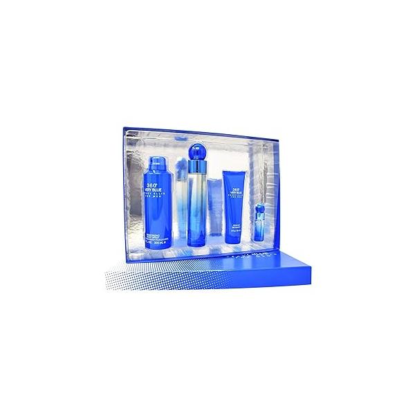 Perry Ellis 360 Very Blue 4 Pieces Gift Set for Men, (3.4 Ounce Eau de Toilette Spray + 6.8 Body 3.0 Shower Gel 0.25 Spray)