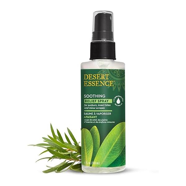 Desert Essence Relief Spray - 4 Fl Oz Antiseptic Eco-Harvest Tea Tree Oil & Other Essential Oils Natural First Aid Minor Burns Sunburn Insect Bites Scrapes May Comfort Aching Feet