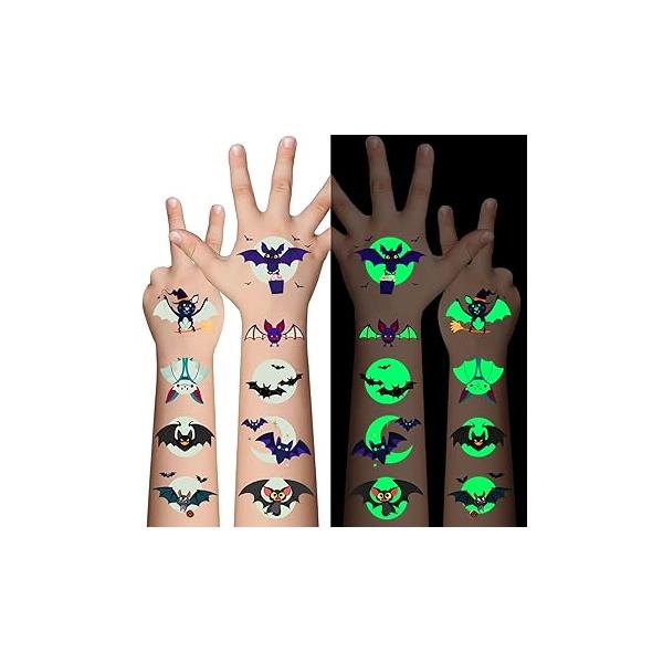 Halloween Luminous Bat Temporary Tattoos for Kids - 10 Sheets Glow In The Dark Theme Boys and Girls, Cosplay Face Makeup Accessories Holiday Party Gifts