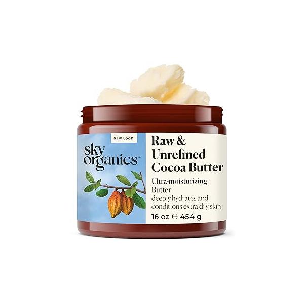 Sky Organics Cocoa Butter for Body, 100% Raw & Unrefined Ultra-Moisturizing to Deeply Hydrate Condition Skin, Promotes Smooth Skin Tone Texture, Suitable Tight or Extra Dry 16 Oz.