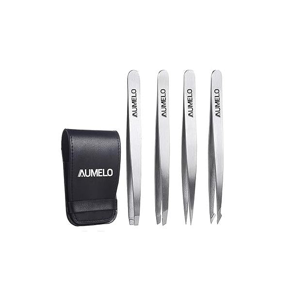 Tweezers Set 4-Piece Professional Stainless Steel Gift with Travel Case by Aumelo - Best Precision Eyebrow and Splinter Ingrown Hair Removal Tweezer Tip,No Colored & Chemical Free