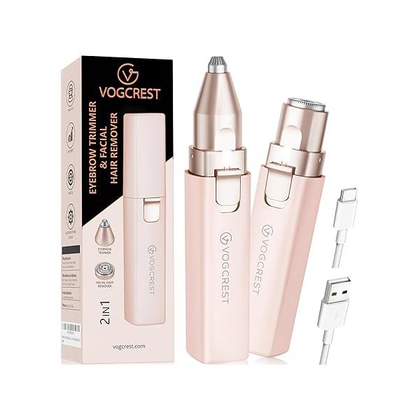 VOGCREST Hair Trimmer, 2 in 1 Facial Remover & Eyebrow Trimmer for Women - Rechargeable, Portable, LED Light