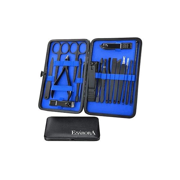 Manicure Set, ESARORA 18 In 1 Stainless Steel Professional Pedicure Kit Nail Scissors Grooming with Black Leather Travel Case