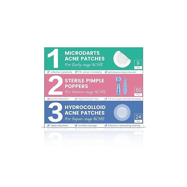 3-Step Microdart Pimple Patches Set - 9 Microdarts Patches, 50 Popper, 24 Hydrocolloid
