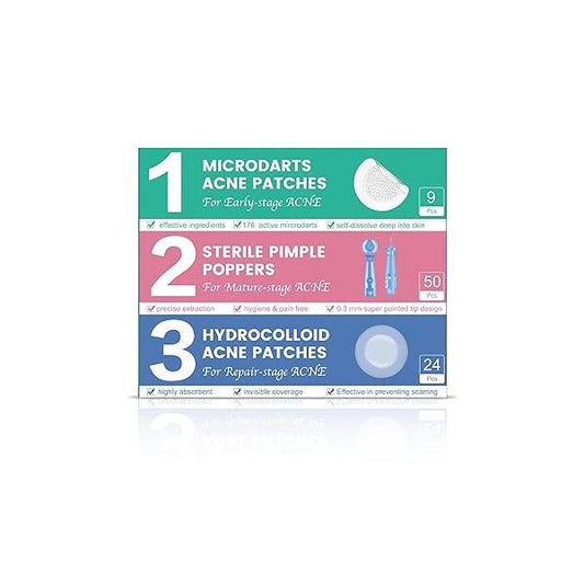 3-Step Microdart Pimple Patches Set - 9 Microdarts Patches, 50 Popper, 24 Hydrocolloid