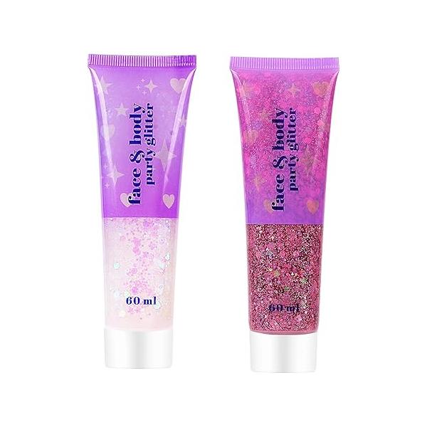 High Capacity 60+60ML Chunky and Fine Mixed Face Body Glitter with Gel for Singer Concerts Rave Party Makeup,Quick Dry Long Lasting Holographic Iridescent Sequins (white+pink)