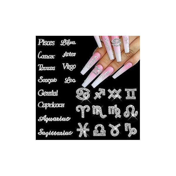 JERCLITY 48 Pieces Gold Silver Alloy Zodiac Nail Charms Signs Studs Constellation Words for Nails Twelve Set Women Girls