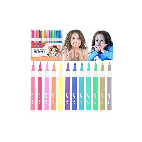 Marte Vanci Face Painting Marker, 12 Colors Paint Set Washable Acrylic Pens Temporary Tattoo Markers for Skin Brush Tip Art Pen Body Halloween Christmas Gift
