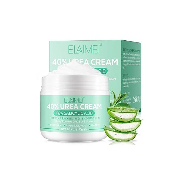 Urea Cream 40 Percent for Feet - 40% Plus 2% Salicylic Acid with Hyaluronic Acid,Tea Tree, Aloe Vera Dry Cracked Heels, Knees & Maximum Strength Foot Deep Moisturizer(5.29 OZ)