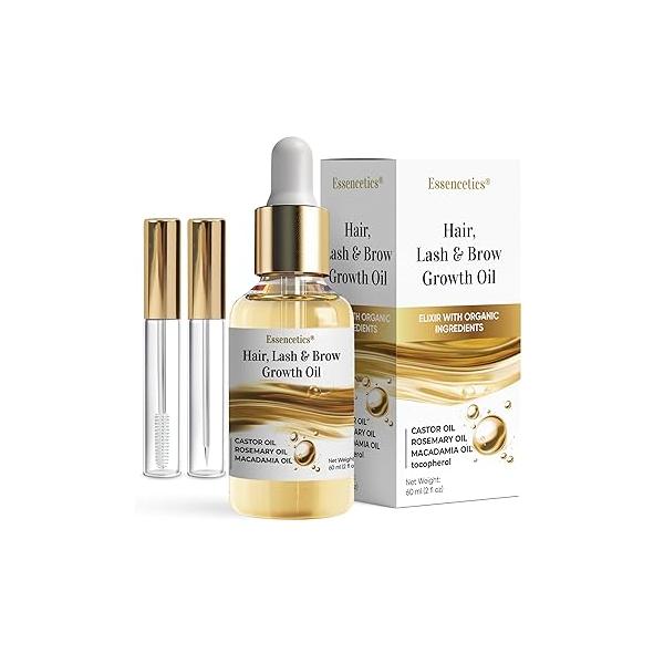 Castor Oil Organic Cold Pressed Unrefined Glass Bottle, Eyebrow Eyelash Growth Serum, Hexane-Free, Pure Rosemary, Macadamia Infused Oils for Hair and Scalp Growth, Natural Brow Lash 2oz