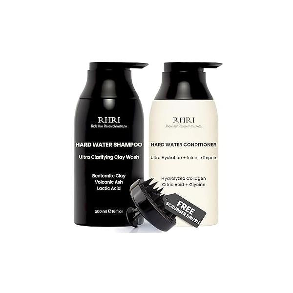 Hard Water Shampoo & Conditioner Set | Hydrating Hair Treatment for Shine Manageability Clarifying Wash with Bentonite Clay, Volcanic Ash, Lactic Acid Metal Detox Collagen 32 FL oz