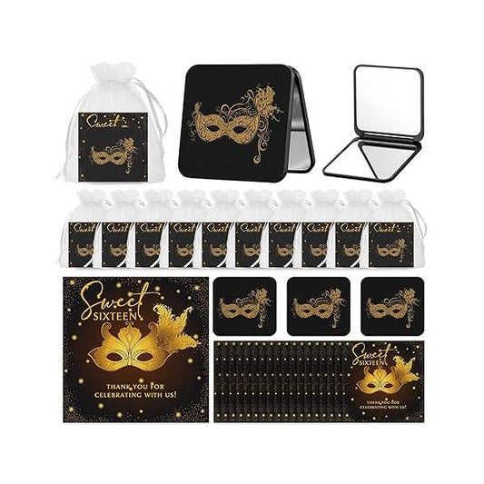 18 Set Masquerade Party Favors for Guests Sweet 16 Gifts Bulk Include Plastic Mask Design Compact Mirrors Thank You Cards Organza Bags Ball Decor Girls Quinceanera Birthday