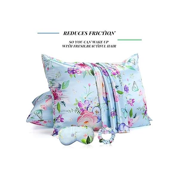 2 Pack Satin Pillowcase with Latent Zipper, Adjustable Eye Mask for Sleeping and Volume Scrunchie Hair Skin, Standard Size (Classic Style, Blue)