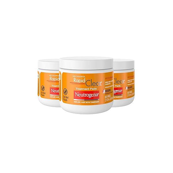 Neutrogena Rapid Clear Maximum Strength Acne Face Pads with 2% Salicylic Acid Medication to Help Fight Breakouts, Oil-Free Facial Cleansing for Acne-Prone Skin, 3 Pack