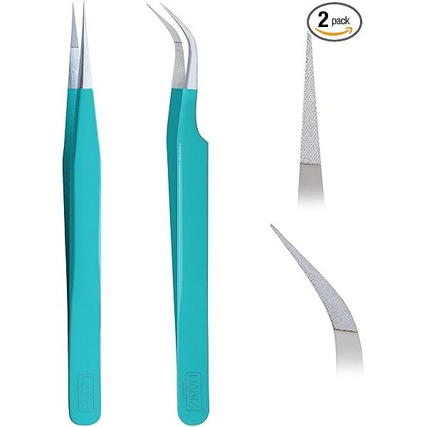 HADIZ Fiber Tip Eyelash Extension Tweezers Volume Lash Tweezer Staright & Curved Pack of Two (turquise)