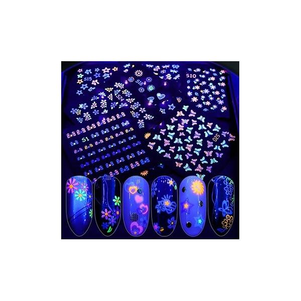 EBANKU 24Sheets Fluorescence Nail Art Stickers Decals 3D Self-Adhesive Butterfly Flower Love Fruits Pattern DIY Decoration Tools Accessories for Women Kids