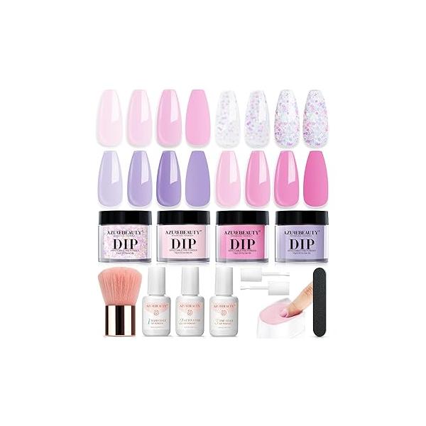 AZUREBEAUTY Dip Powder Nail Starter Kit White Mauve Glitter Champagne, Dipping 4 Colors Set, French Art Base Top Coat Activator Liquid Manicure DIY Salon 12 PCS