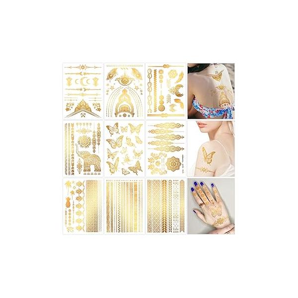 Konsait 9 Sheets Gold Temporary Tattoos, Flash Moon Butterfly Elephant Metallic Tattoos for Women Girls, Face Parties Makeup Cosplay Festival Accessories