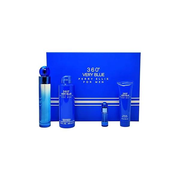 Perry Ellis 360 Very Blue By for Men - 4 Pc Gift Set 3.4oz Edt Spray, 7.5ml 6.8oz Body 3oz Shower Gel, 4count