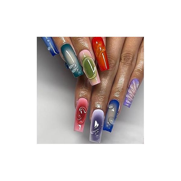 Long Coffin Press on Nails French Tip Green RIICFDD Fake 3D Water Ripple Designs Rhinestone Nail Charms Acrylic Full Cover Glue for Women and Girls Decoration 24 Pcs