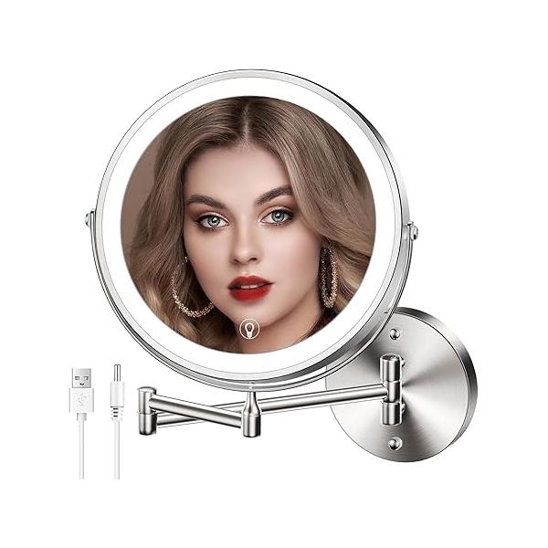 Wall Mounted Lighted Makeup Mirror, 8" Rechargeable Double-Sided Light up Magnifying Mirror 1x/10x, 3 Colors Led Vanity with Lights, Touch Dimmable 360° Rotation Foldable