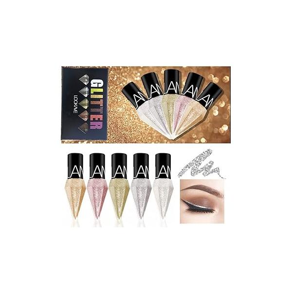 Go Ho Glitter Liquid Eyeliner Colorful Set,5 Colors Metallic Shimmer White Silver Gold Diamond Eye Liner,Glitter Eyeshadow Shine,Waterproof Long Lasting Glow Sparkle Makeup