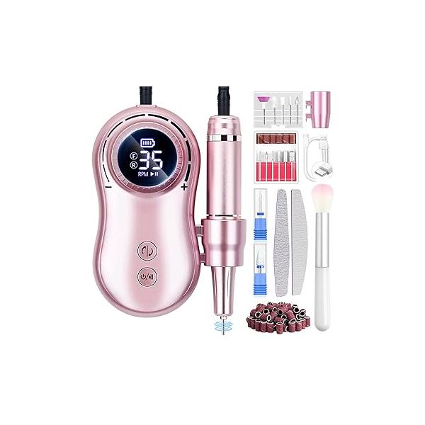 Portable Electric Nail Drill LEDSUUEI: 45000 RPM Professional File Machine for Acrylic Nails Gel Polishing Removing, Manicure Salon Home,Pink