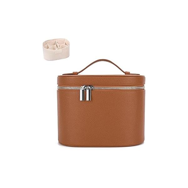 Leather Make Up Bags With Compartments, Brown travel Cosmetic for Women, Parallel Makeup Travel Organizer Equipped a Detachable Divider