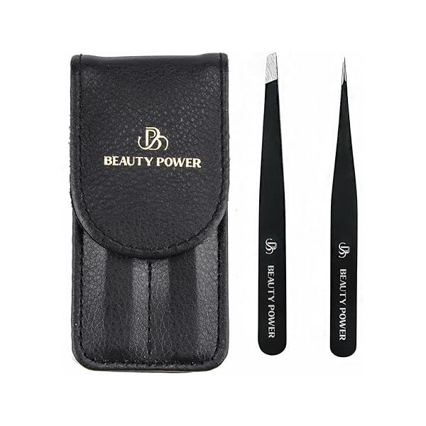 Precision Tweezers for Women Facial Hair & Men - Professional Set with Slant Point Tips, German Stainless Steel, PU Leather Travel Case, Lightweight Ultra Black