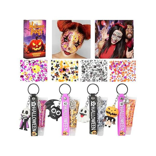 4pcs Halloween Face Glitter Gel, Keychain with Orange Purple Skull Pumpkin Body Paint, Chunky for Hair Party Rave Music Festival Carnival Makeup