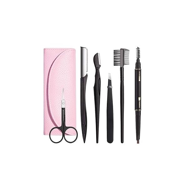 Eyebrow Kit, 6 in 1 Tweezers for Eyebrows, All-in-one Grooming Set Dermaplaning Tool Razor Brush Scissors Brown Pencil with Storage Pouch (A-Pink)