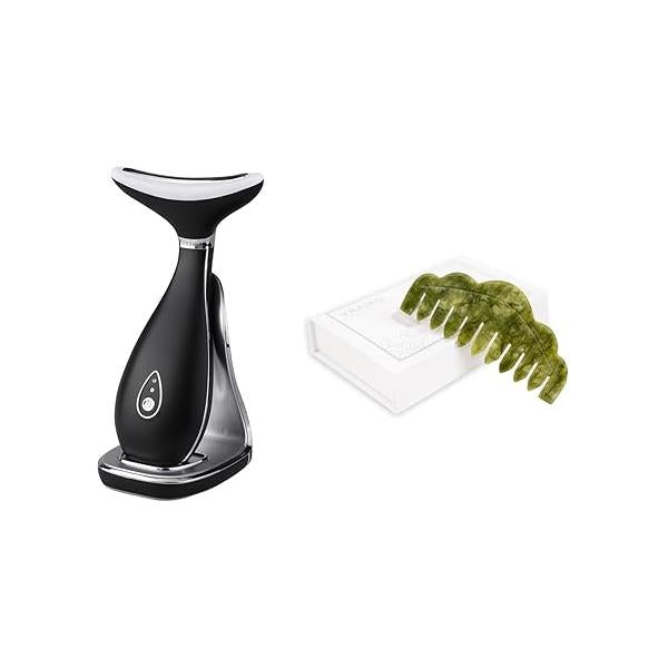 Lily Neck Face Massager Skin Rejuvenation Device (Black) with Triple Action LED, Natural Jade Comb Head Scalp Massage