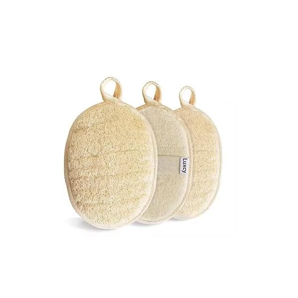 Natural Loofah Exfoliating Body Scrubber, Dual-Sided Shower Sponge, Bath Spong for Men and Women, Face Scrubber- 3 Count (1 Pack)