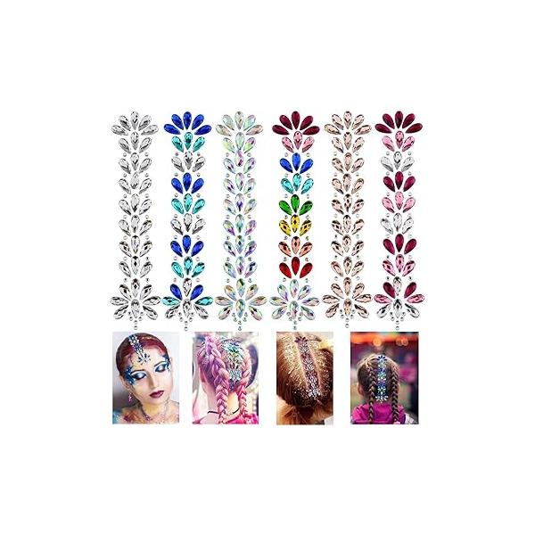 Hair Gems Tattoo Stickers Face Body Jewels Eyes Forehead Mermaid Rhinestone Glitter Tattoos with Self Adhesive Crystal Tears Paste for DIY Art Decals, Music Festival Party(6 Pack)