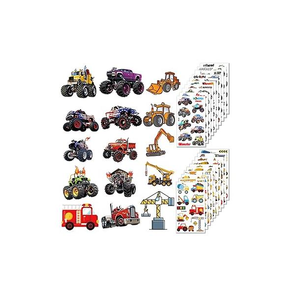 Monster Truck Temporary Tattoos for Car enthusiasts180+PCS(20 sheets) Construction Trucks Vehicle Digger Bulldozer Birthday Cool Party Supplies Favors Fake Prize Gift